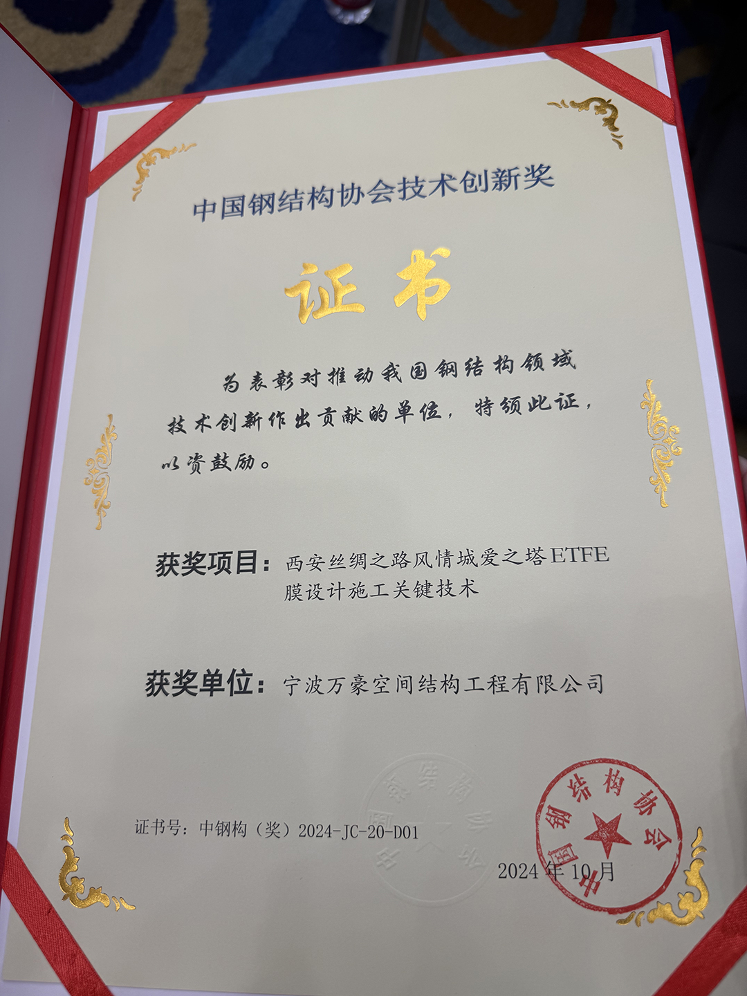 喜報(bào)！恭喜萬豪空間結(jié)構(gòu)榮獲中國鋼結(jié)構(gòu)協(xié)會(huì)2024年度技術(shù)創(chuàng)新獎(jiǎng)